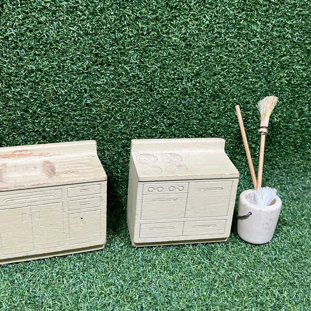 Vintage Strombecker Wooden Dollhouse Kitchen Refrigerator Sink Cleaning Set